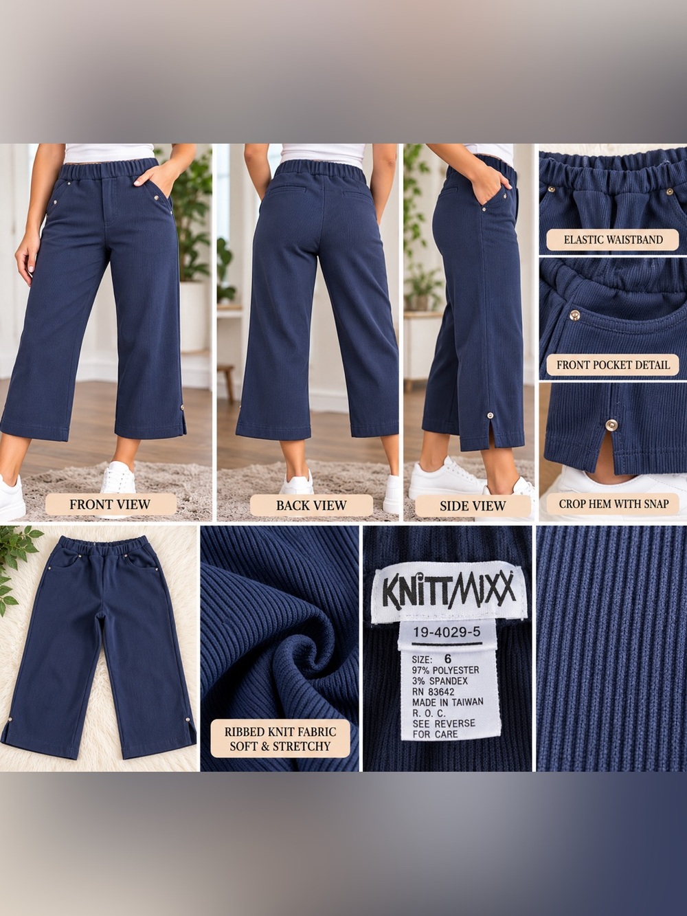 KNITTMIXX Navy Ribbed Stretch Crop Pants Size 6 Wide Leg Y2K Style